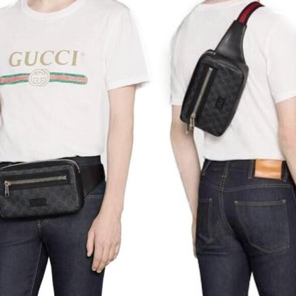 Authentic Gucci GG Supreme Sling Backpack Waist Crossbody Bag Black Leather Mens - Picture 2 of 14